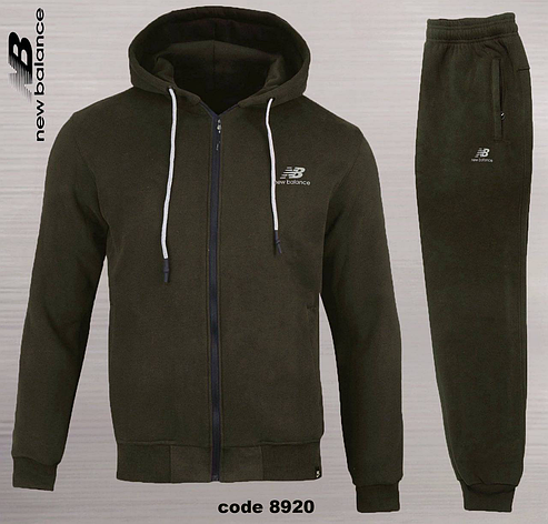Теплий чоловічий спортивний костюм New Balance хакі фліс велюр, зимовий утеплений спорт костюм із капюшоном, фото 1