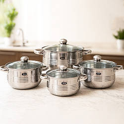 Набір каструль із нержавіючої сталі 4шт (1,3/1,7/2,4/3,4 л) GR7020 / Кухонний набір каструль з кришками / Каструля нержавійка