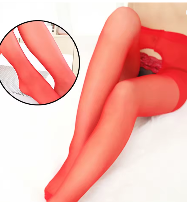 Жіночі еротичні колготки капронові червоного кольору з облямованою попкою й промежиною