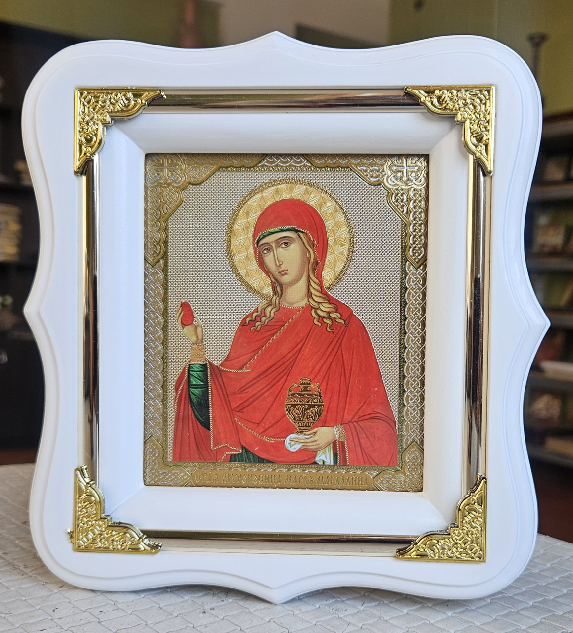 Ікона  Марія Магдалина в білому фігурному кіоті куточками під склом, розмір до 18*16, сюжет 10*12., фото 1