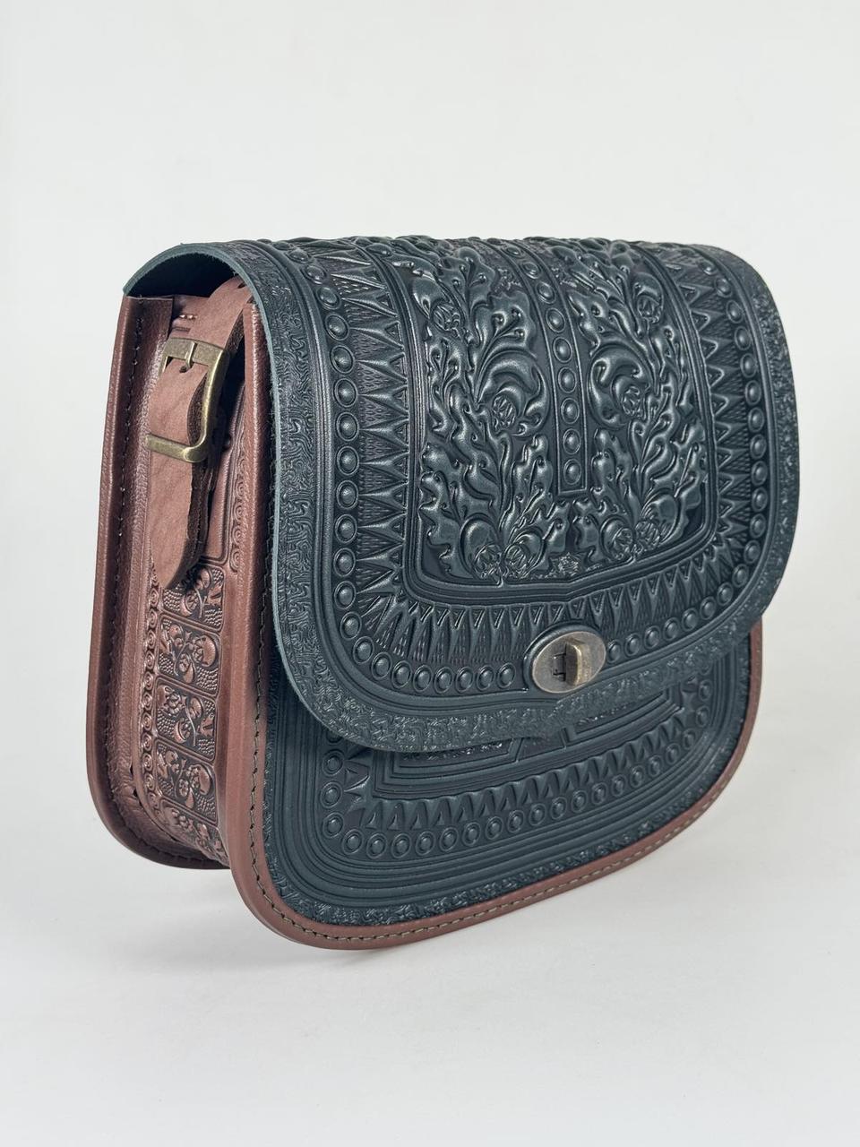 Авторська шкіряна сумка ручної роботи «Дубок» зелено-коричневого кольору, 25×26×10 см, фото 1