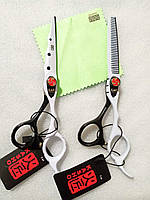 Набор парикмахерские ножницы KASHO для стрижки филировки волос размер 6.0 прямые и филировочные черно-белые 440С