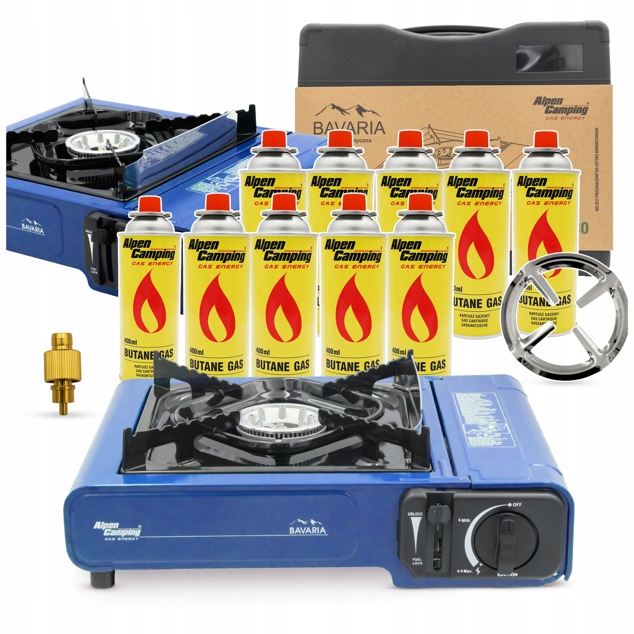 Плита туристична газова Alpen Camping + 10 газових балончиків 37x10x31.5 см Переносна газова плита Туристична плита, фото 1