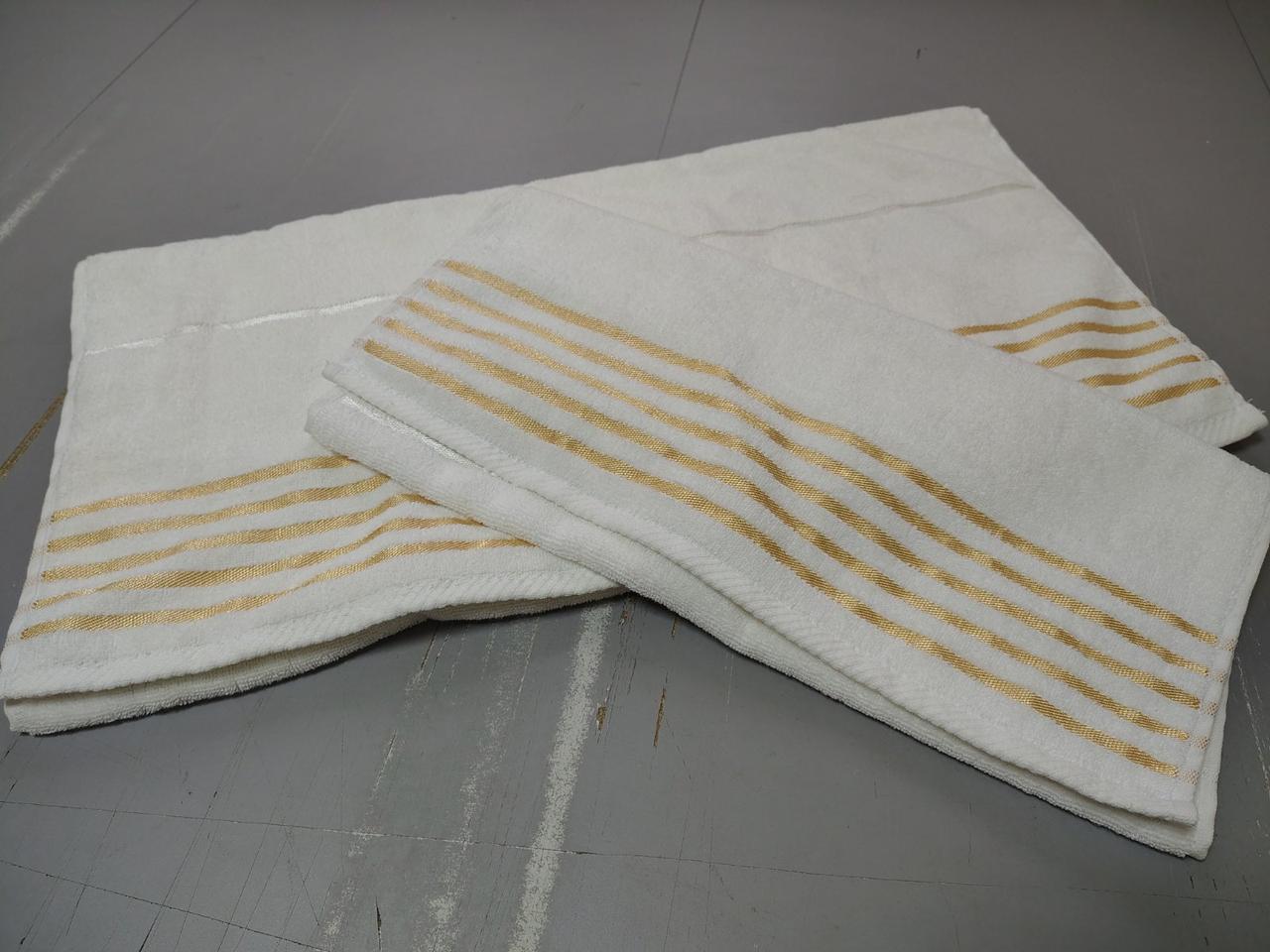 Махровий рушник комплект 50*90 см /70*140 см, білий з золотими смужками, фото 1