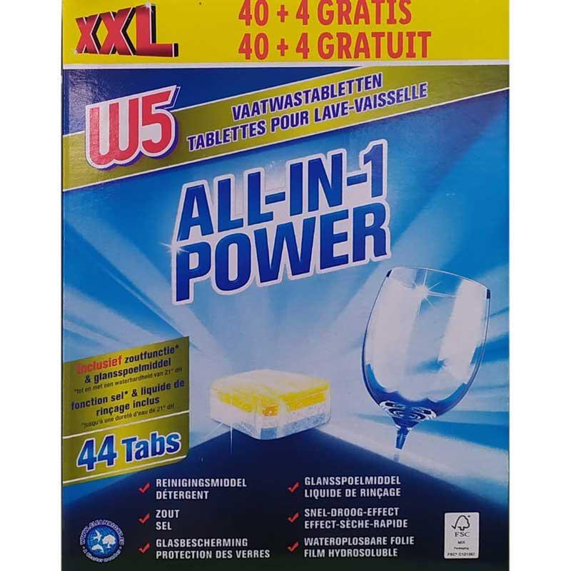 Таблетки для посудомийної машини W5 All-in-1 Power у водорозчинній фользі 44 шт., фото 1