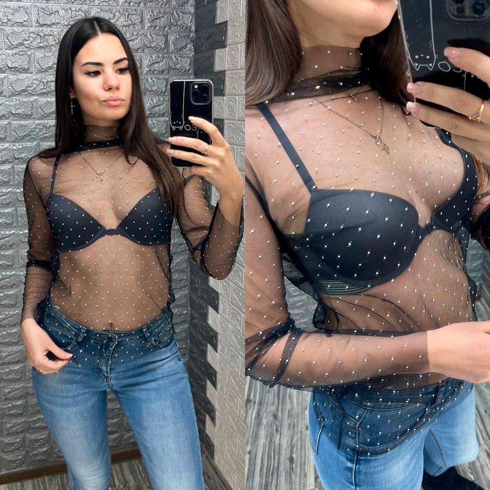 Прозорий чорний гольф зі стразами, фото 1