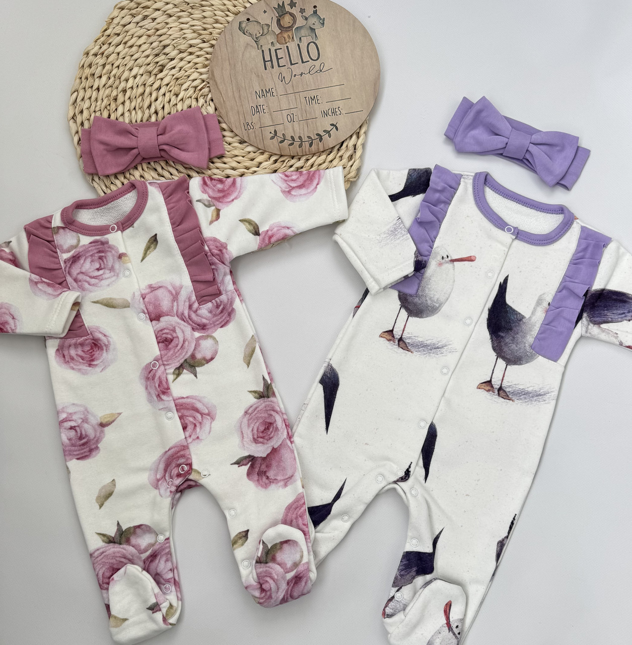 Теплий комплект для новонародженої дівчинки чоловічок + пов'язка (2х нитка без начісу), фото 1