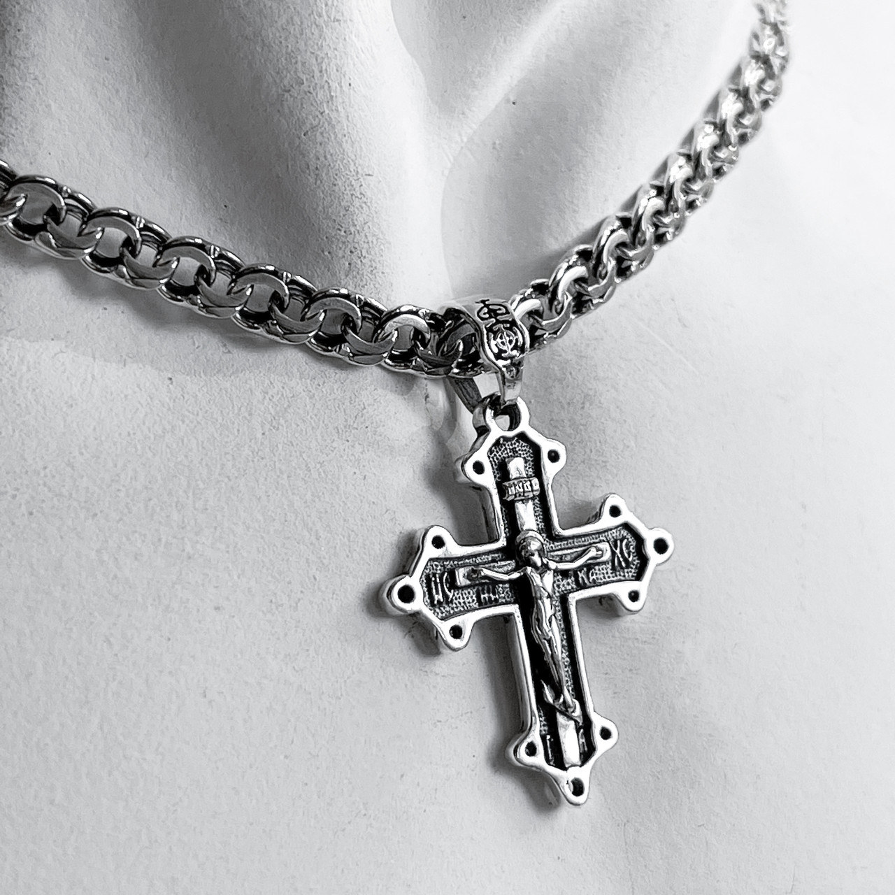 Срібна цепочка з хрестиком чоловіча. Освячений срібний хрестик і ланцюг бісмарк. Довжина 55 см, фото 1