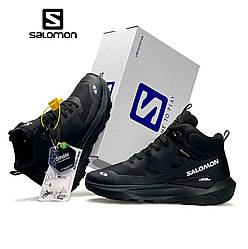 Чоловічі зимові на хутрі кросівки Salomon Elixir Activ Fur Black, черевики текстиль водонепрон. чорні. Чоловіче взуття