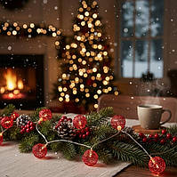 Світлодіодна гірлянда на батарейках Oecolux Metallkugel Mikro-Lichterkette, тепле біле світло, червноні кульки