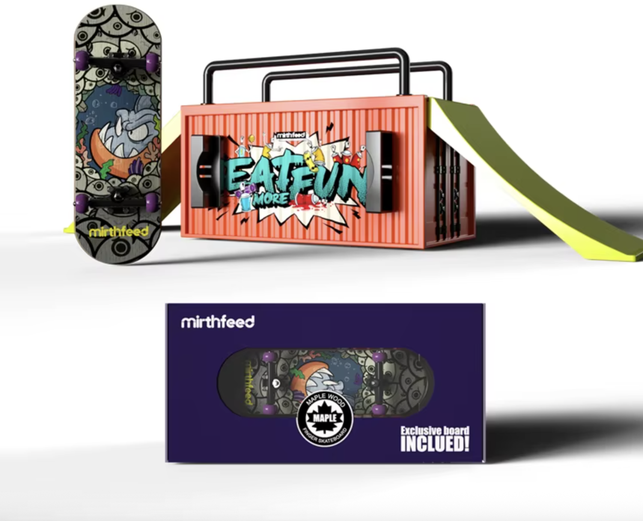 Набір скейтпарк фігура з фігербордом Mirthfeed Fish дерев'яний з підшипниками фінгерпарк, фото 1