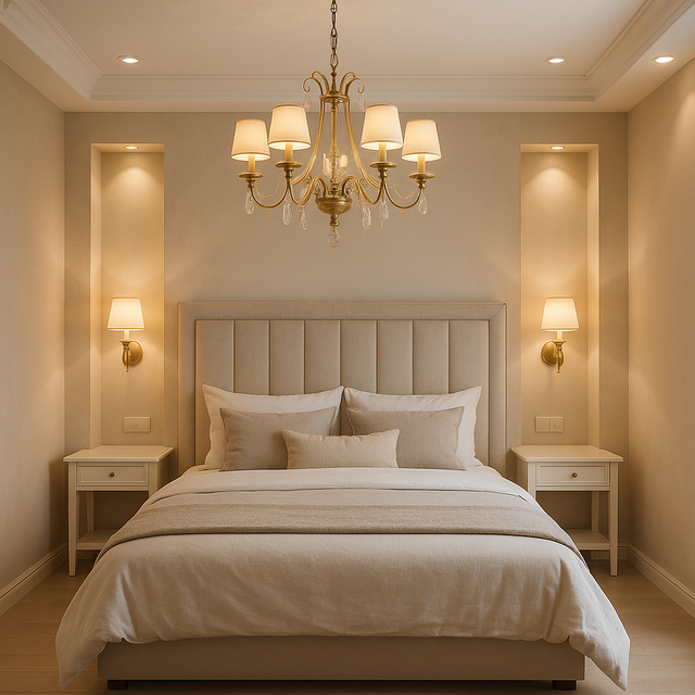 спальня з люстрою, бра та точковими світильниками в нішах стін