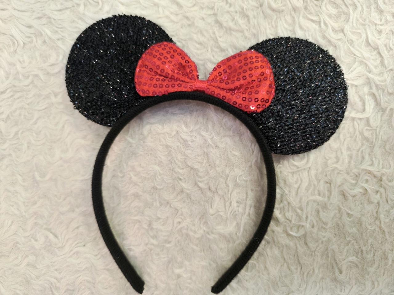 Обідок Мінні Маус із бантиком. Обідок Мікі Мауса з бантиком блискучий, фото 1