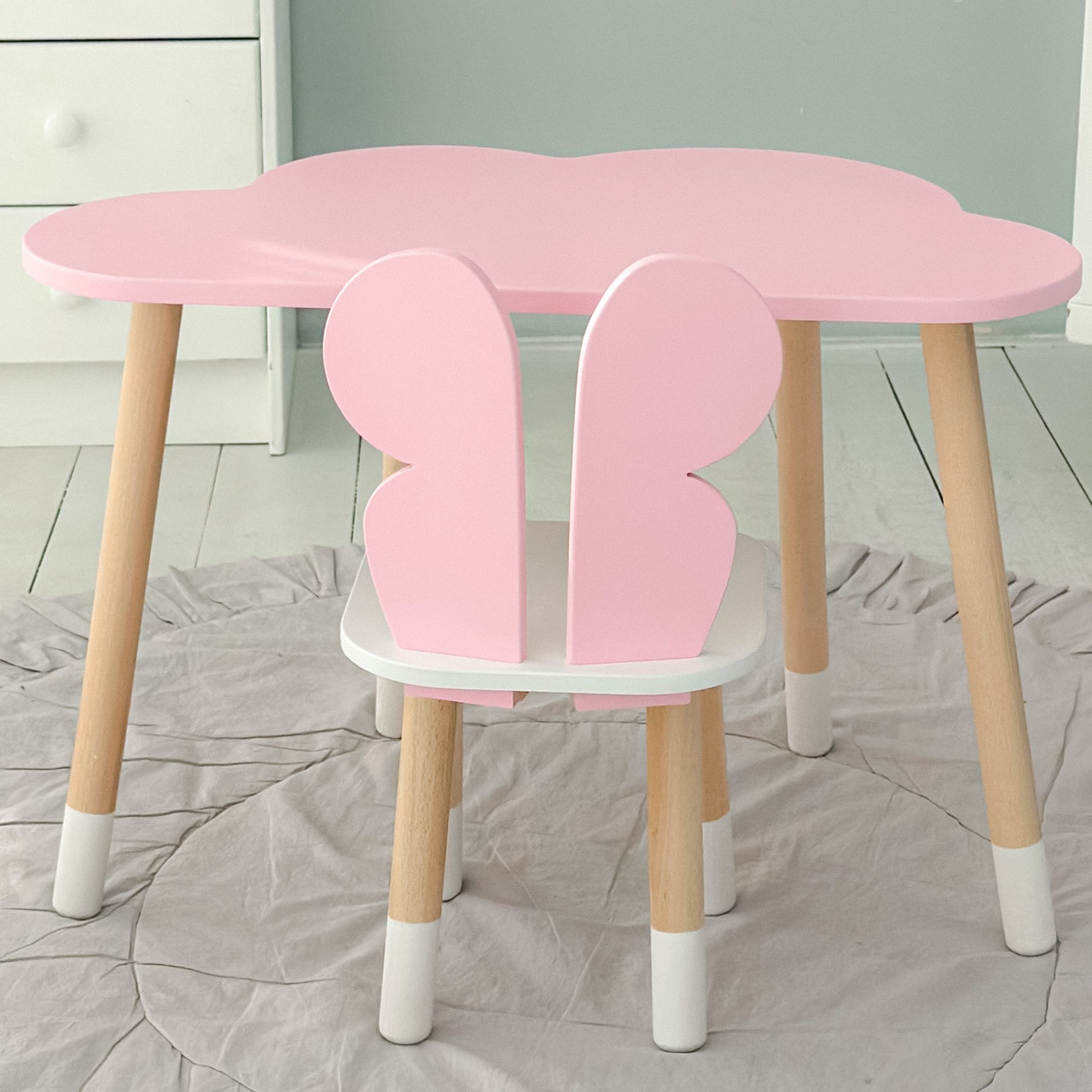 Стіл хмаринка 46х70х40 та стільчик метелик 26х26х26, дитячий столик та стілець для малювання/занять, рожевий з білим, фото 1