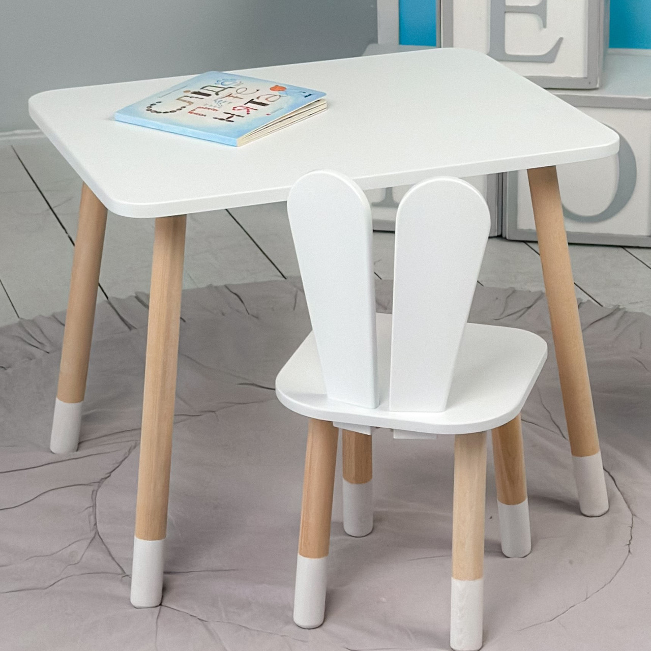 Стіл прямокутний 46х60х45 і стілець вушка кролика 26х26х24, столик та стільчик в дитячу, білий, фото 1