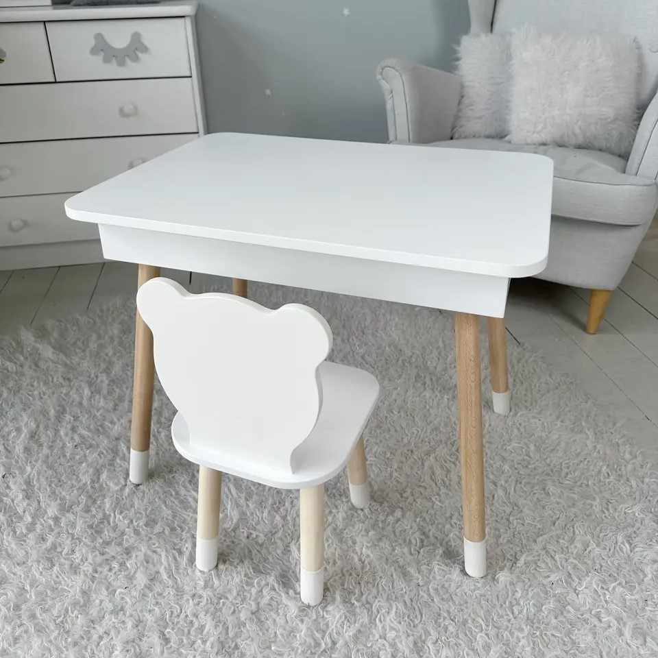 Столик з відкидним верхом 54х60х45 і стільчик медвежа 26х26х24, стіл та стілець для злопчика від 1 року, білий, фото 1