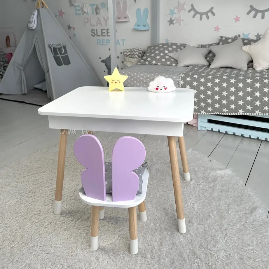 Столик з відкидним верхом 54х60х45 і стільчик крила метелика 26х26х24, стіл та стілець для дітей від 1 року, білий з фіолетовим, фото 1
