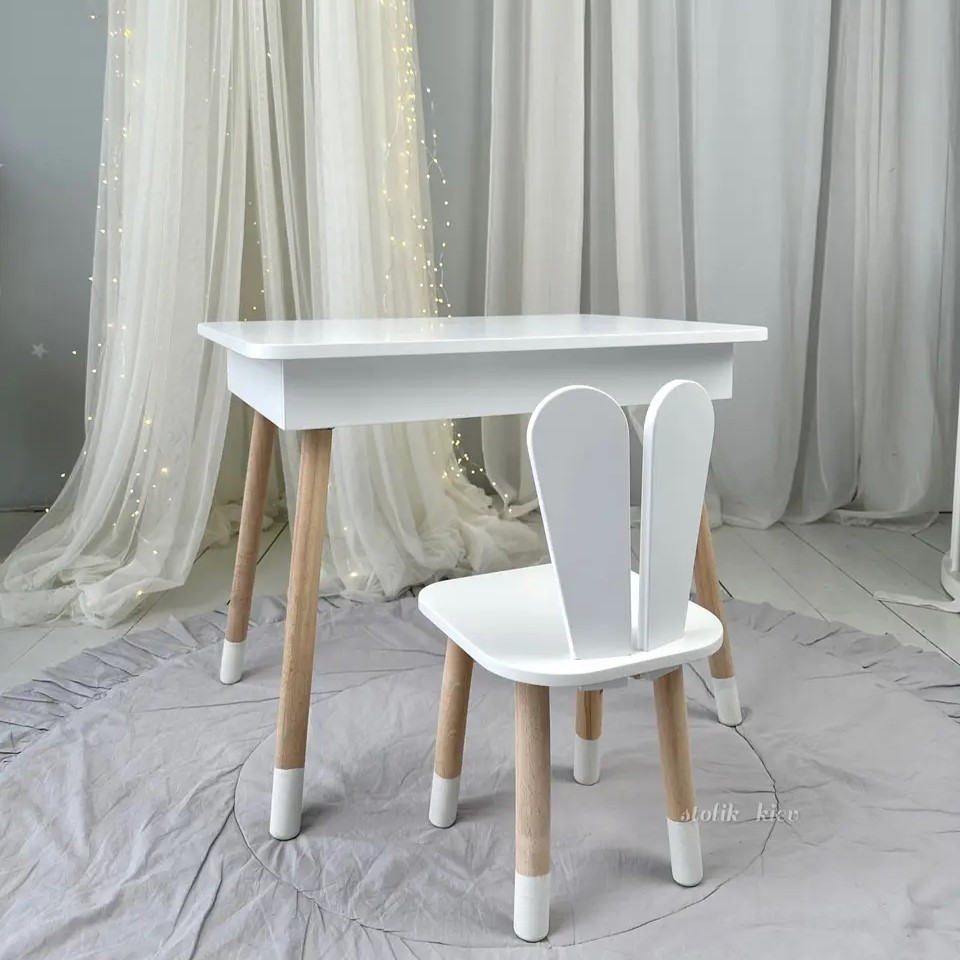 Дитячий столик з відкидним верхом 54х60х45 і стільчик зайчик 26х26х24, стіл та стілець для дітей до 7 років, білий, фото 1