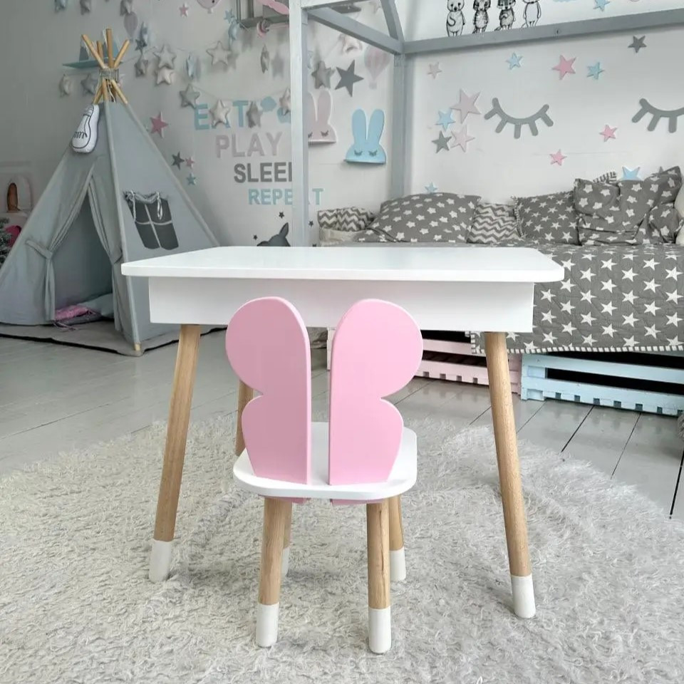 Дитячий столик з відкидним верхом 54х60х45 і стільчик метелик 26х26х24, стіл та стілець для дітей до 7 років, білий з рожевим, фото 1