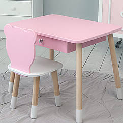 Стіл прямокутний з шухлядою 46х60х45 і стілець медвежа 26х26х24, столик та стільчик для дитячої кімнати, рожевий з білим