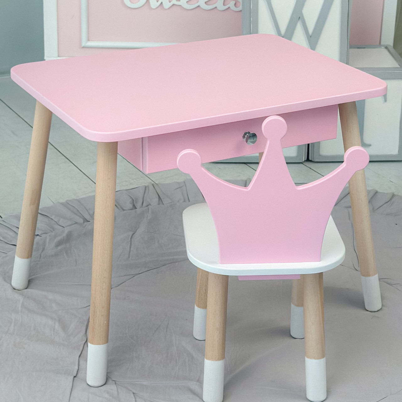 Стіл прямокутний з ящиком 46х60х45 і стілець корона 26х26х24, столик та стільчик в дитячу, рожевий з білим, фото 1