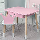 Стіл прямокутний з ящиком 46х60х45 і стілець корона 26х26х24, столик та стільчик в дитячу, рожевий з білим, фото 3
