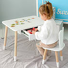 Стіл прямокутний з ящиком 46х60х45 і стілець вушка кролика 26х26х24, столик та стільчик в дитячу, білий, фото 8