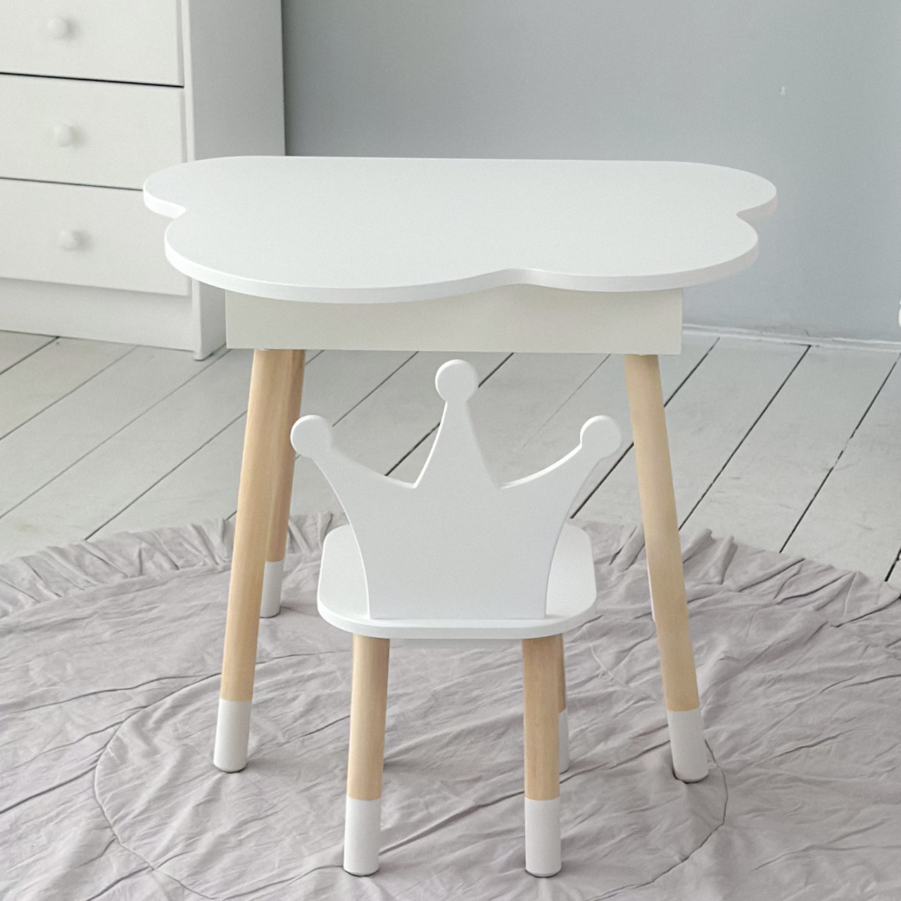 Столик хмаринка з відкидною нішею 54х68х50 і стільчик корона 26х26х24, стіл та стілець в дитячу, білий, фото 1