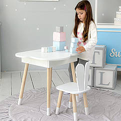 Столик хмаринка з нішею яка підіймається 54х68х50 і стільчик вушка зайчика 26х26х24, стіл та стілець в дитячу, білий