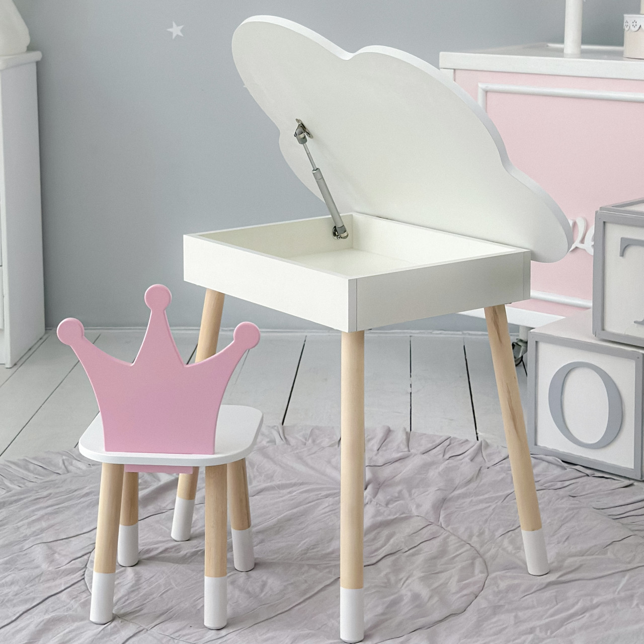 Столик хмаринка з зручною нішею 54х68х50 і стільчик корона 26х26х24, стіл та стілець в дитячу, білий з рожевим, фото 1