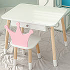 Дитячий столик білий і стільчик корона біло-рожевий. Столик із шухлядою для олівців і розмальовок 56787, фото 2