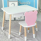 Стіл прямокутний з шухлядою 46х60х45 і стілець мордочка медвежа 26х26х24, столик та стільчик для дитячої кімнати, білий з рожевим, фото 4