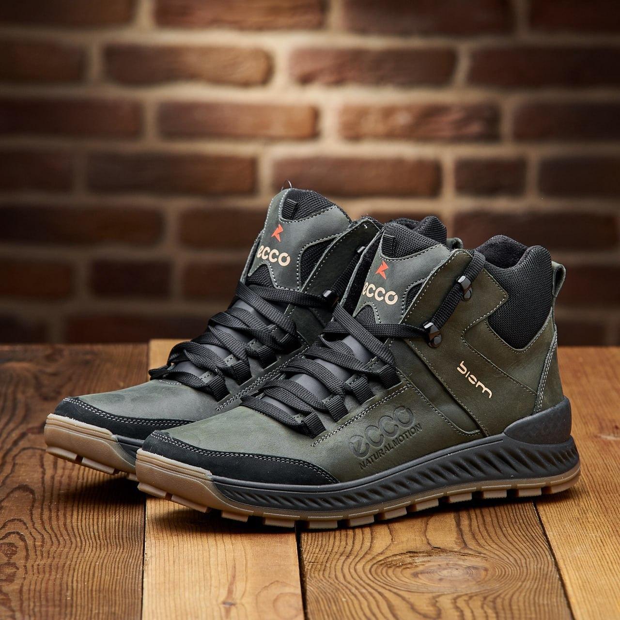 Зимові чоловічі шкіряні черевики, кросівки хакі утеплені з натуральної шкіри на хутрі на зиму для чоловіків, розмір 40-45, фото 1