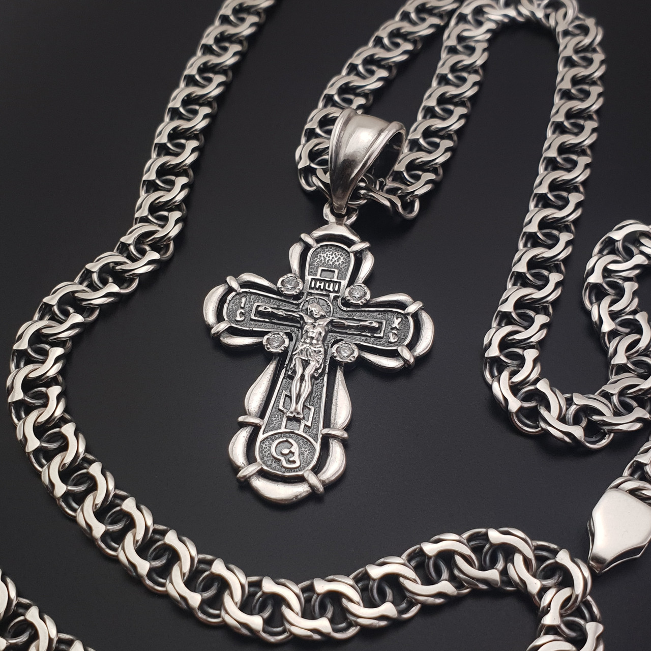 Срібна цепочка з хрестиком чоловіча Бісмарк. Срібний хрест з камінчиками і ланцюжок срібло. 55 см, фото 1