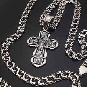 Срібна цепочка з хрестиком чоловіча Бісмарк. Срібний хрест з камінчиками і ланцюжок срібло. 55 см