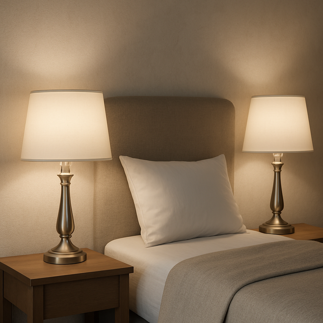 пара настільних ламп біля ліжка з нейтральним світлом