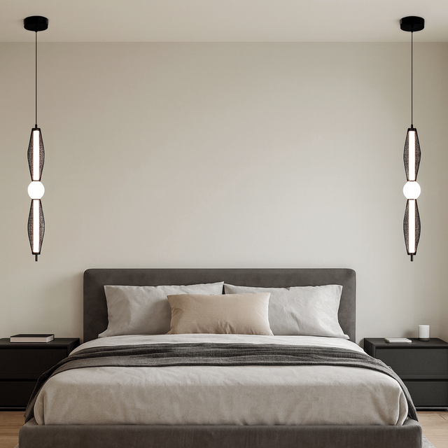 підвісні світильники над приліжковими тумбами в мінімалістичному дизайні