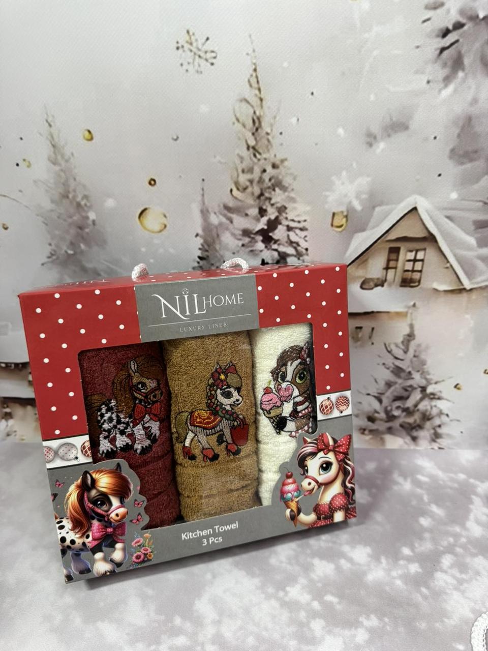 Набір кухонних махрових рушників в подарунковій коробці 3 штуки символ 2026 року, фото 1