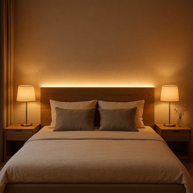 LED-підсвітка узголів’я ліжка в спальні з теплим освітленням