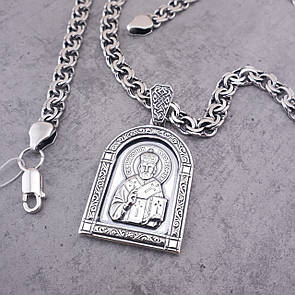 Срібна цепочка з кулоном чоловіча Бісмарк. Срібна підвіска св. Миколай і ланцюжок срібло. 55 см