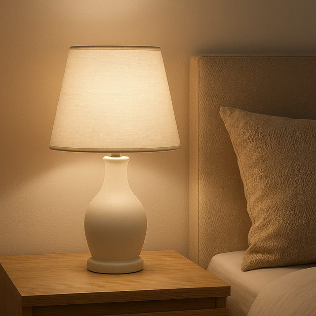 настільна лампа з текстильним абажуром на приліжковій тумбі