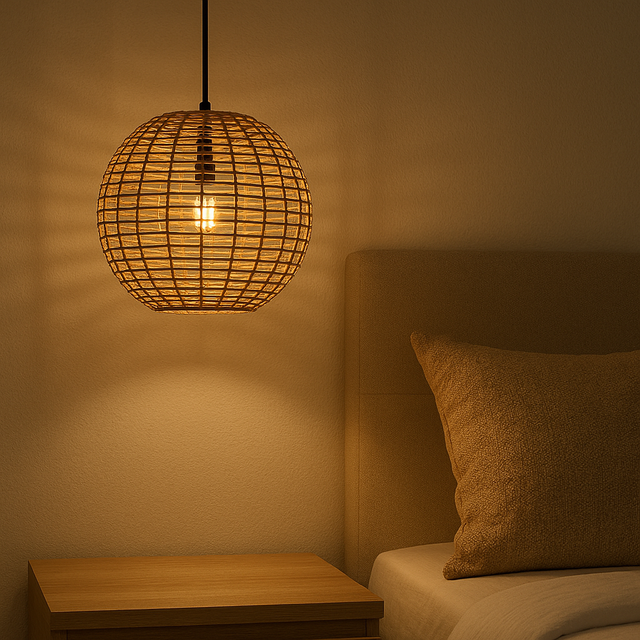 ротанговий підвісний світильник над ліжком