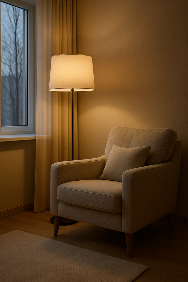 високий торшер біля крісла біля вікна