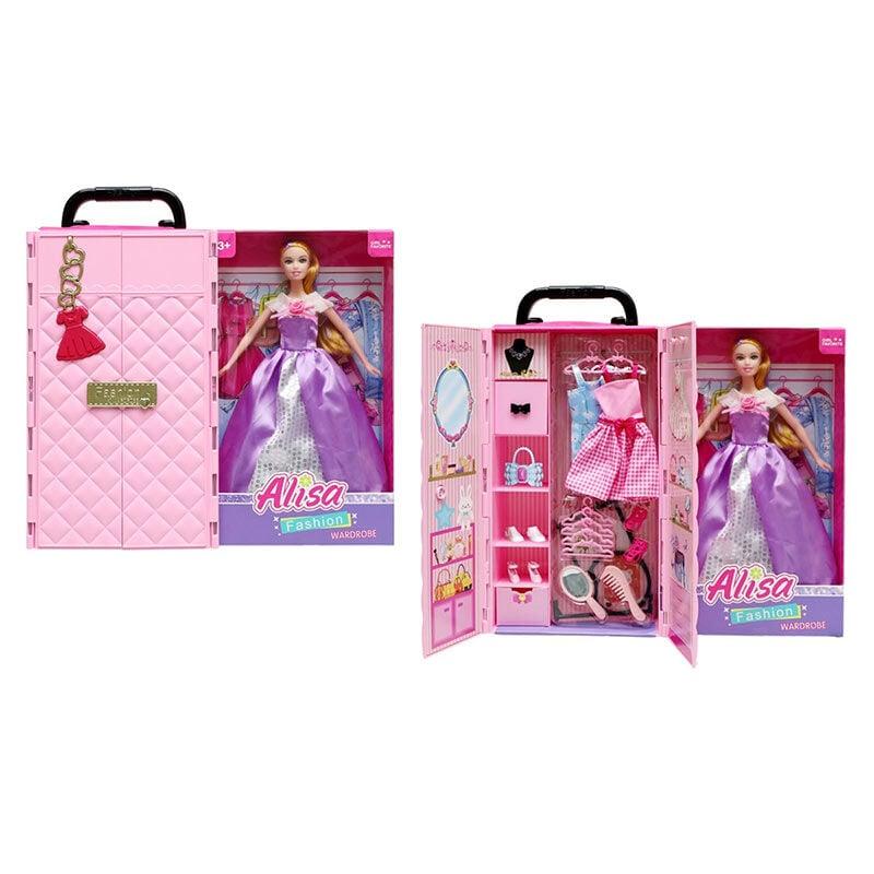 Лялька YS 2502 C (18/2) висота 30 см, шарнірні кінцівки, гардероб із поличками, 2 сукні на вішаках, гребінець, дзеркальце, пара