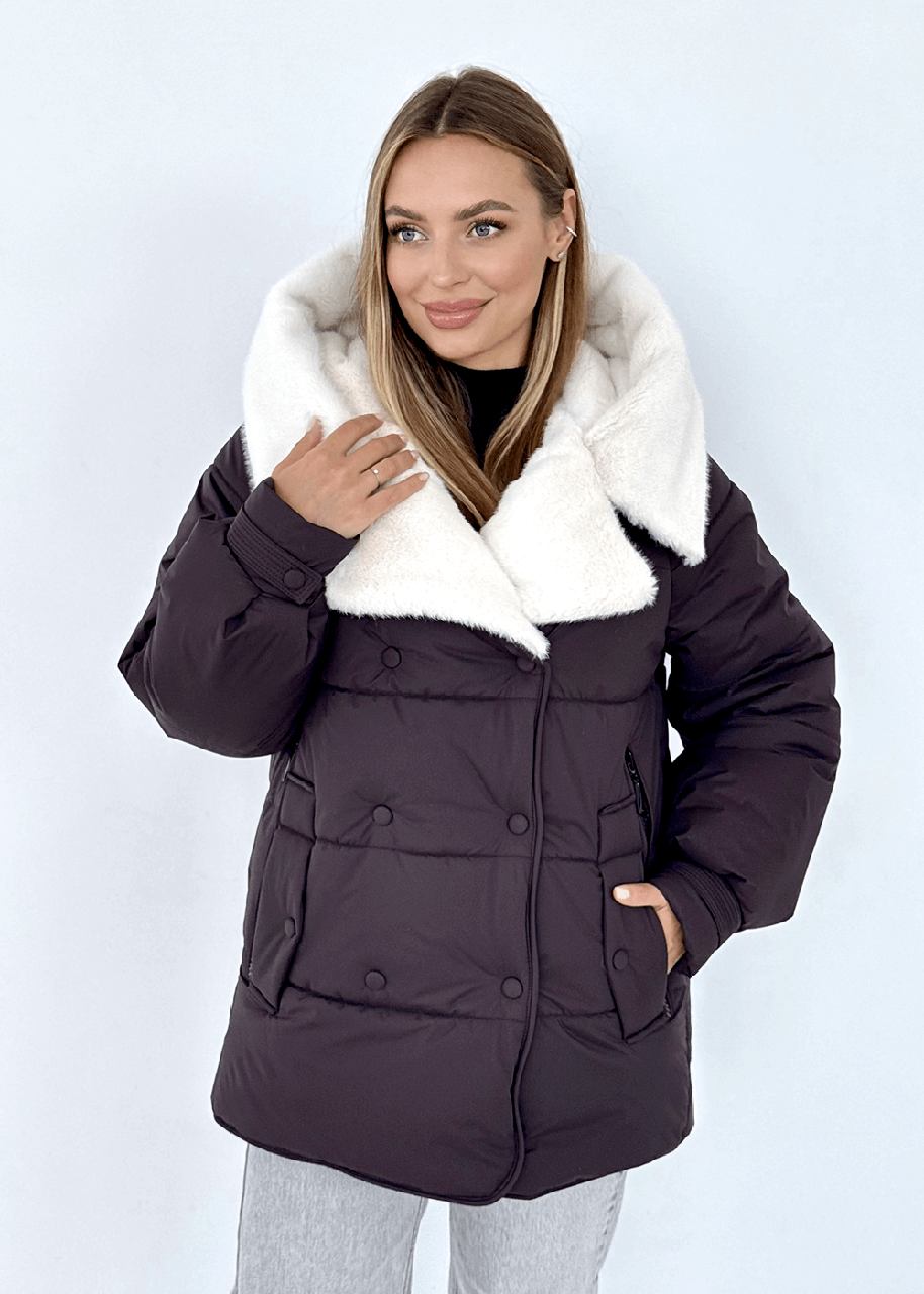 Пуховик короткий на біопуху Дора з об'ємним капюшоном зі штучним хутром 44-58 розміри шоколадний, фото 1