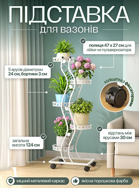 Багатоярусна підставка для квітів на коліщатках, фото 1