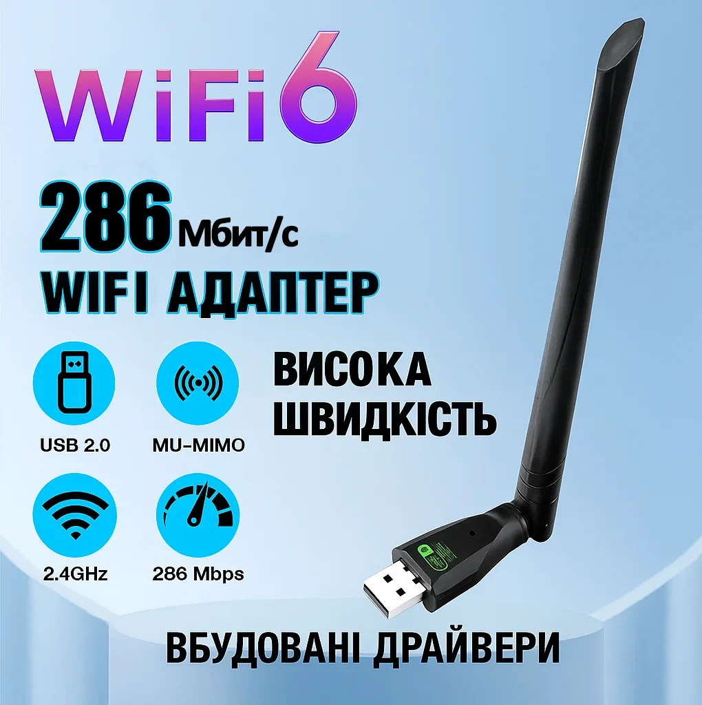 Wi-Fi 6 адаптер AIC8800 USB 2.0 2.4 ГГц MU-MIMO OFDMA, фото 1