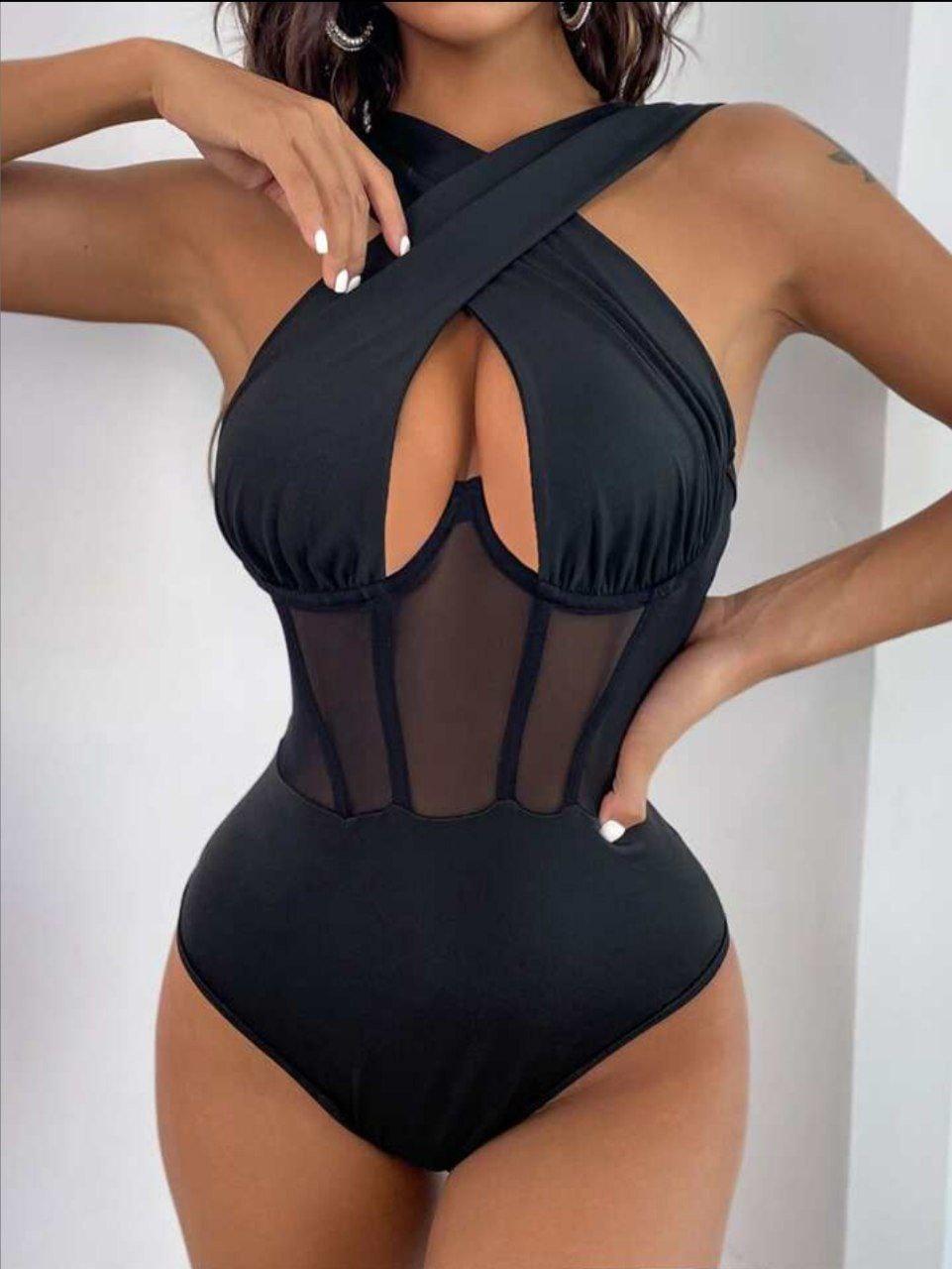 Боді Персефона жіночий елегантний звабливий з широкими бретелями схрещені на грудях чорний S, фото 1