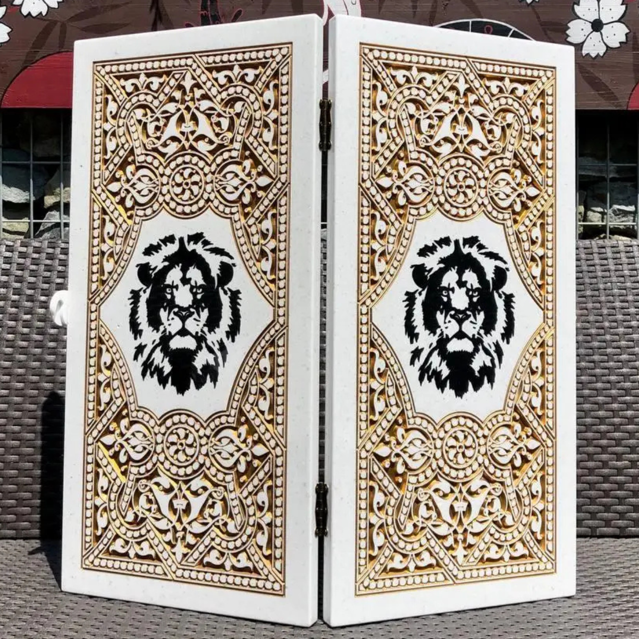 Нарди з каменю Чорний Лев 58×28×5см на подарунок, фото 1