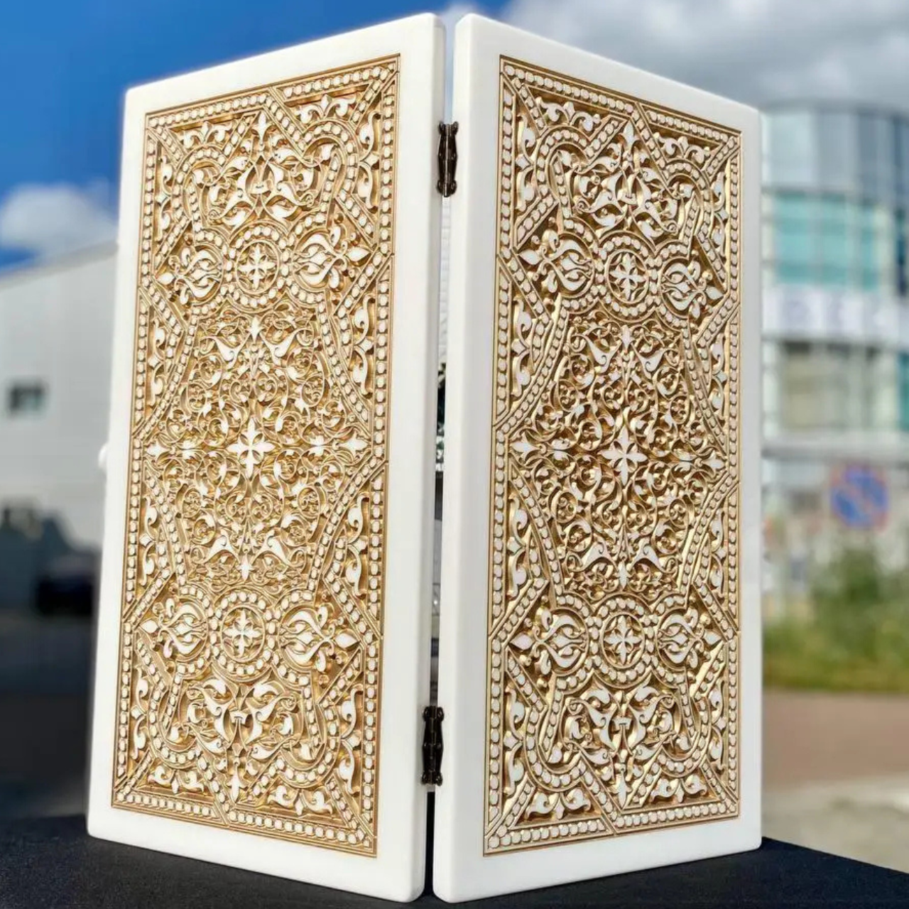 Нарди із білого акрилового каменю Орнамент 58×28×5см, фото 1